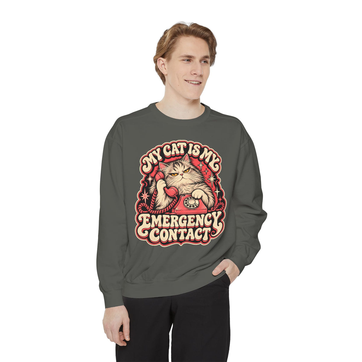 My Cat Is My Emergency Contact — Garment-Dyed Crewneck