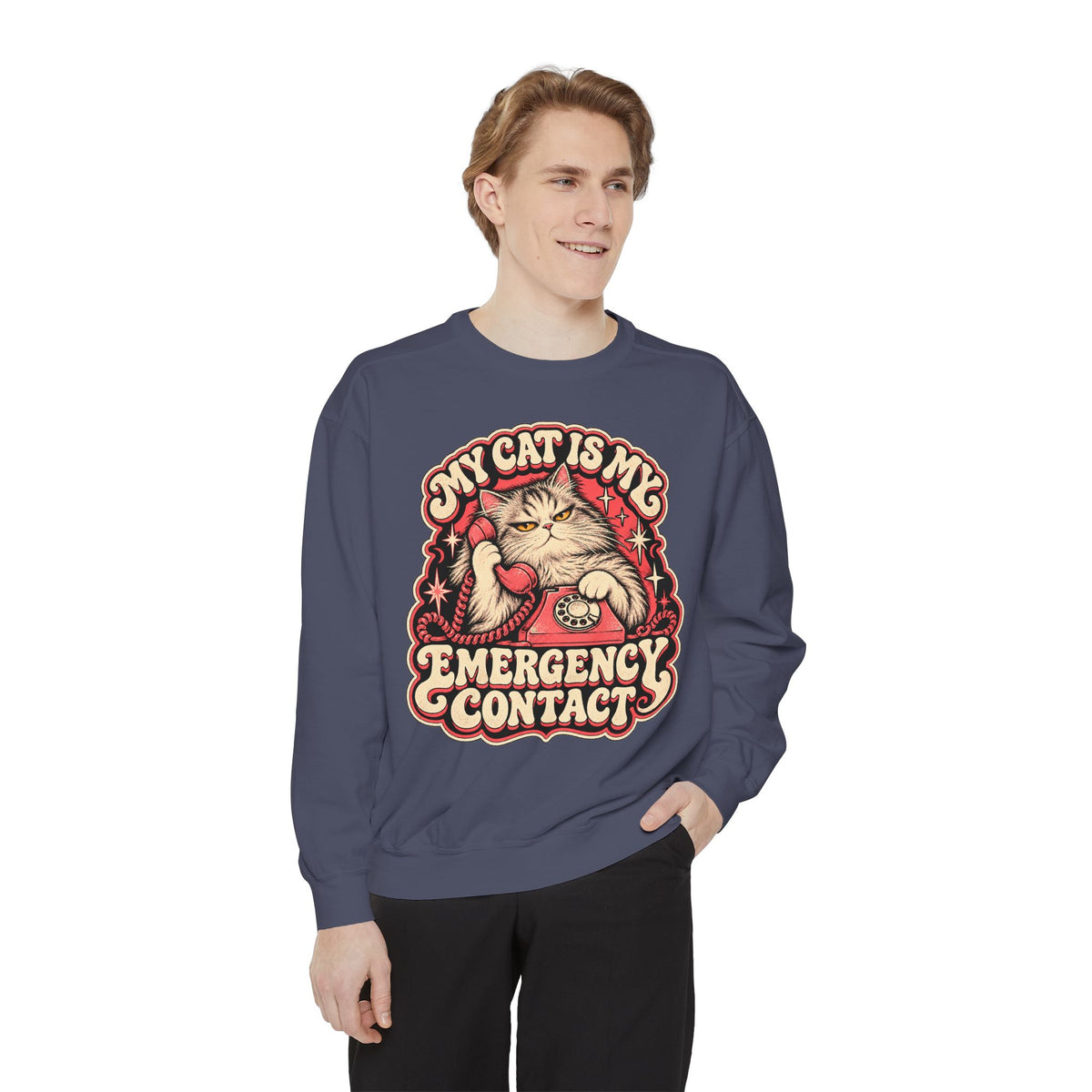 My Cat Is My Emergency Contact — Garment-Dyed Crewneck