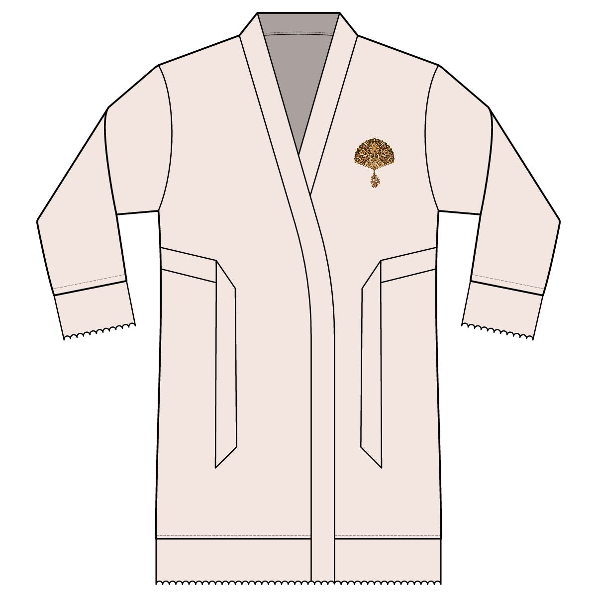 Sunlit Fan — Satin Lounge Robe — Champagne — printed left chest front